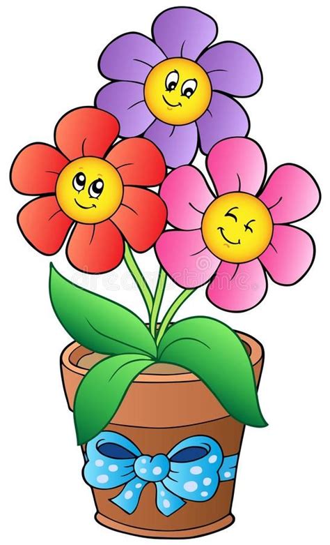 Pot With Three Cartoon Flowers Vector Illustration Flores De Dibujos