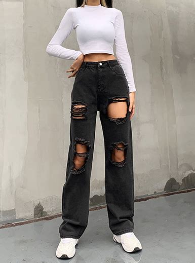 Wmns High Waist Fit Ripped And Torn Black Loose Fitting Jeans Black