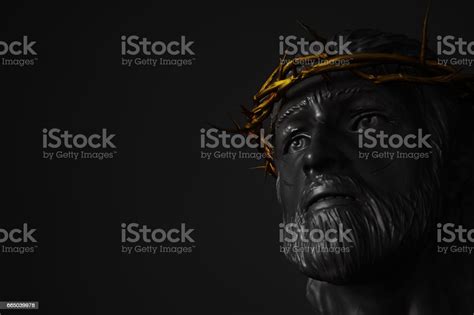 Jesus Christ Statue With Gold Crown Of Thorns 3d Rendering Stock
