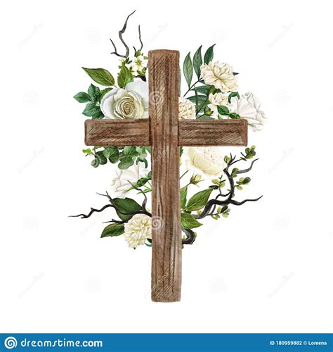 Christian Wooden Cross Decorated With Flowers And Leaves Stock