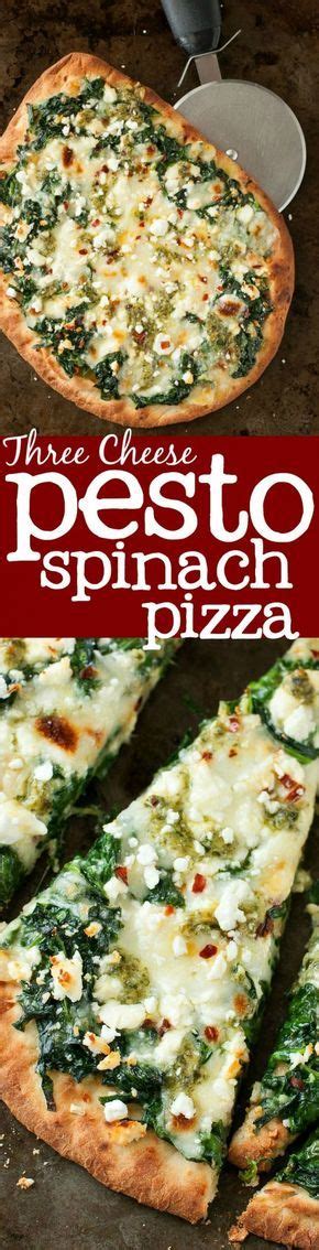 Chop spinach and mince garlic. Three Cheese Pesto Spinach Flatbread Pizza Recipe - Peas ...