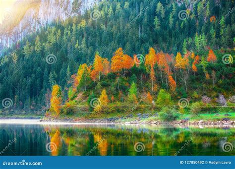 Beautiful View Of Idyllic Colorful Autumn Scenery In Gosausee La Stock
