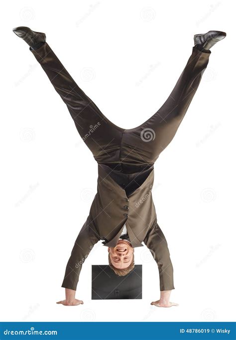 Smiling Businessman Standing On Hands Stock Image Image Of Mobile