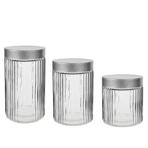 Style Setter 3 Piece Fluted Embossed Glass Canister Set With Silver Lids Clear 303393 3rb The