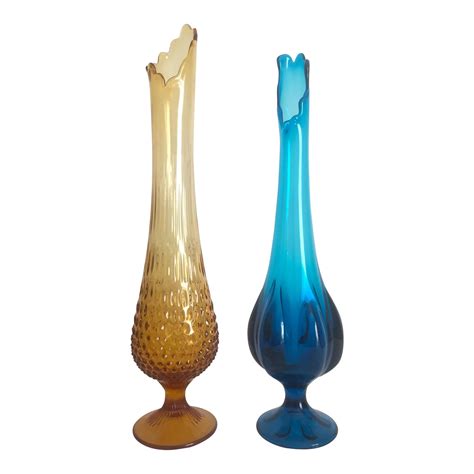 Vintage Mid Century Amber Topaz And Turquoise Blue Blown Glass Tall Vases