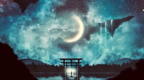 Download Fantasy Moon Gate Clouds Art 1920x1080 Wallpaper Full Hd