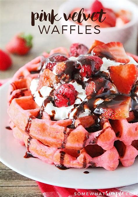 pink velvet waffles with chocolate syrup recipe valentines breakfast food valentines food