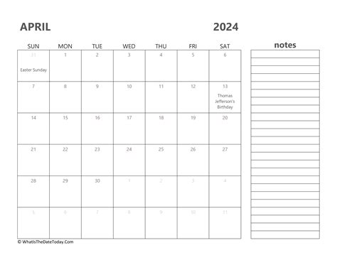 Editable April 2024 Calendar With Holidays And Notes