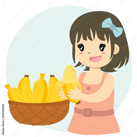 cute girl eating banana and ripe bananas in a basket cartoon vector