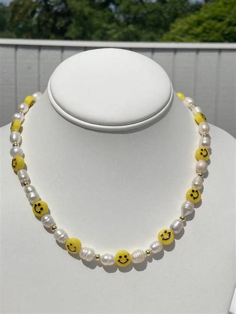 Y2k Smiley Face Pearl Choker Smiley Face Necklace Gold Etsy