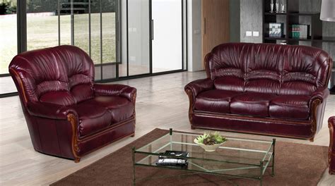 Modern Italian Leather Living Room Sofa Set 2 Pcs Burgundy Traditional