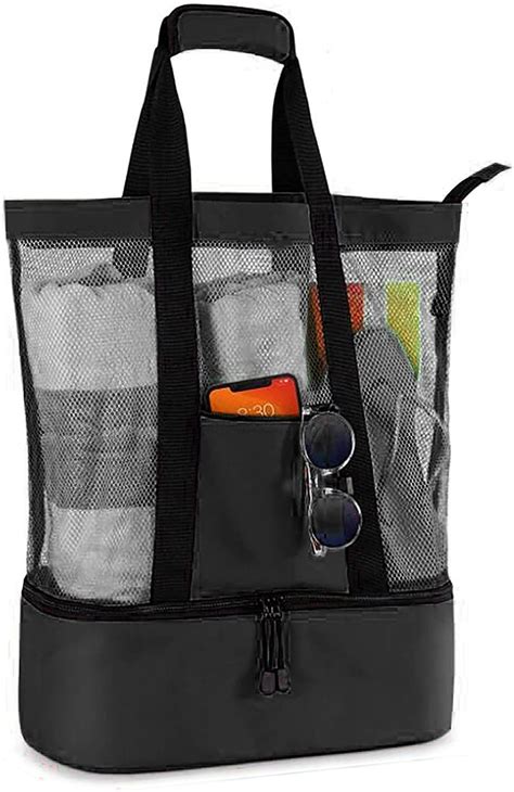 Outdoor Mesh Beach Tote Bag With Cooler Compartment Insulated