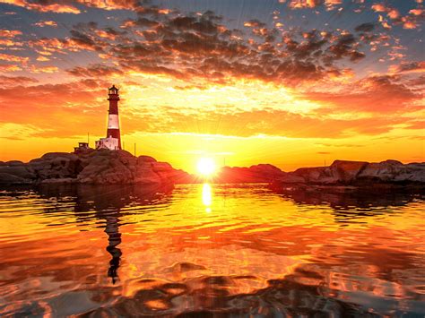 Sunset Lighthouse Ocean Sea Rocks Stones Red Clouds 4k
