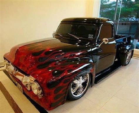 1954 Ford Custom Black Pick Up With Cherry Red Hot Flames Hot Rod