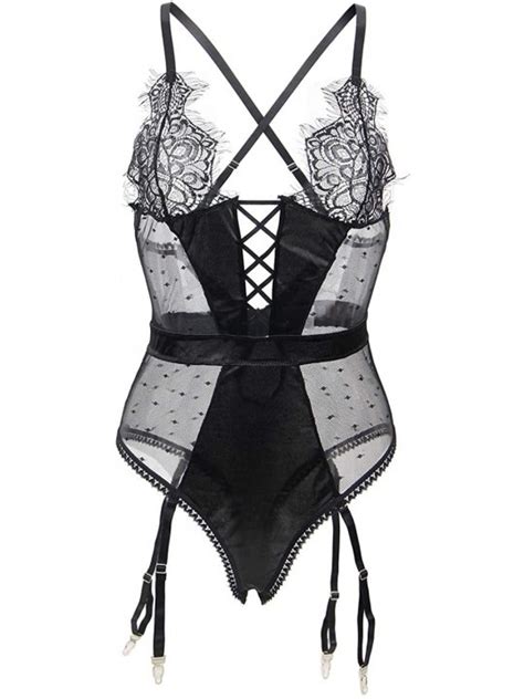 Women Lingerie Set With Garter Belt Plus Size Satin Lace Stitching Teddy Bodysuit Gater Set M