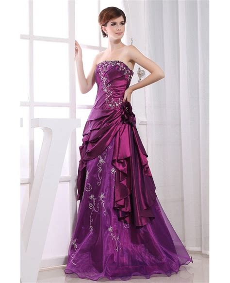 Purple Ball Gown Strapless Floor Length Satin Tulle Wedding Dress With