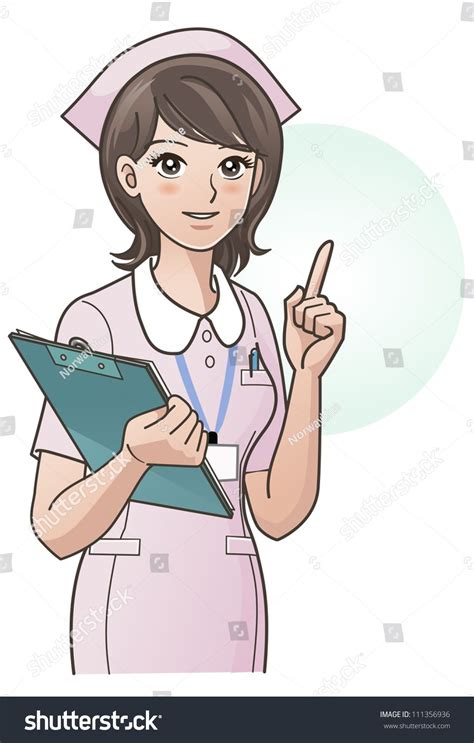 Young Nurse In Pink Pointing The Index Finger Up Guiding Information
