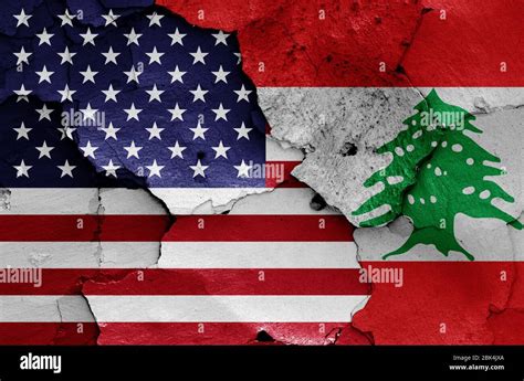 Flags Of Usa And Lebanon Painted On Cracked Wall Stock Photo Alamy