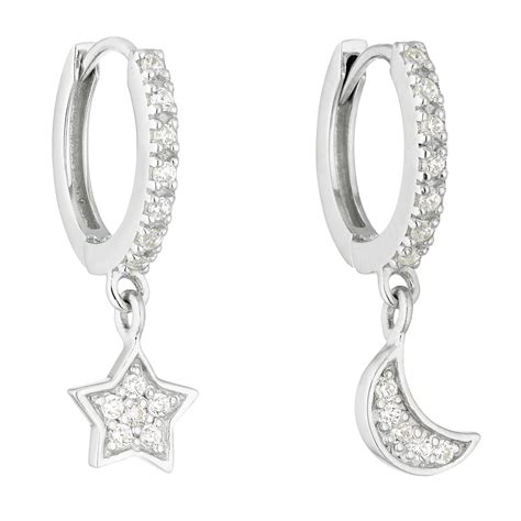 Silver Cubic Zirconia Star Moon Hoop Earrings Ernest Jones