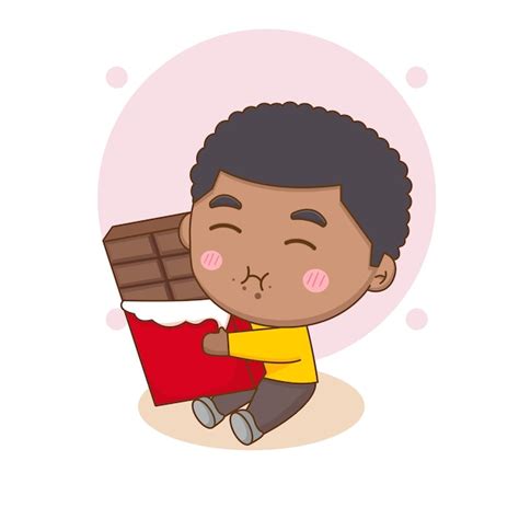 Mignon Garçon Heureux Manger Du Chocolat Chibi Personnage De Dessin Animé Vector Art