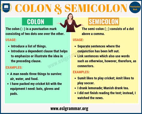Colon Vs Semicolon When To Use A Semicolon A Colon Esl Grammar