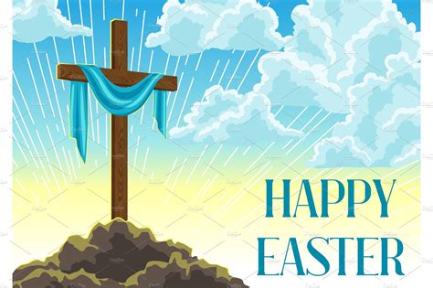 Silhouette Of Wooden Cross With Shroud Happy Easter Concept