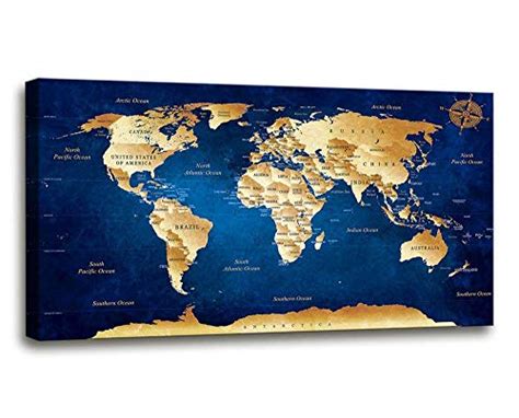 Wall Art Blue Map Of The World Painting Ready To Hang 20″ X 40″ Pieces