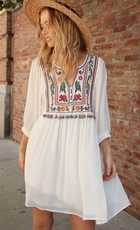 White Floral Embroidered Boho Dress Tassel Detail Bohemian Dress Women Fashion Summer Dress