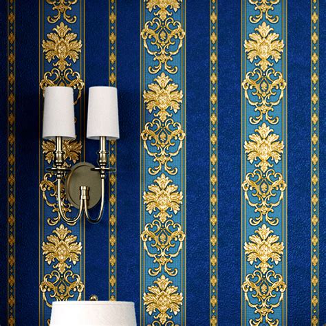 Royal Blue Gold Damask Stripe Waterproof Wallpaper Embossed Textured