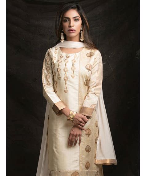 White Embroidered Tussar Silk Readymade Suits Fashion House 3028642