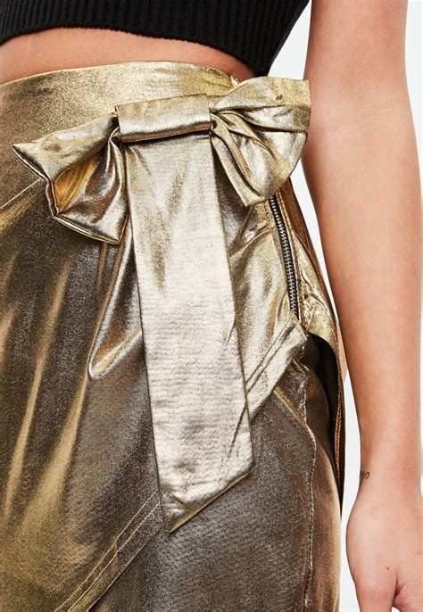 Lyst Missguided Gold Metallic Wrap Bow Skirt In Metallic