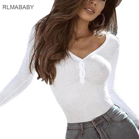 Aliexpress Com Buy Rlmababy White Button Women Tee Shirt Sexy Deep V Neck Long Sleeve Crop Top