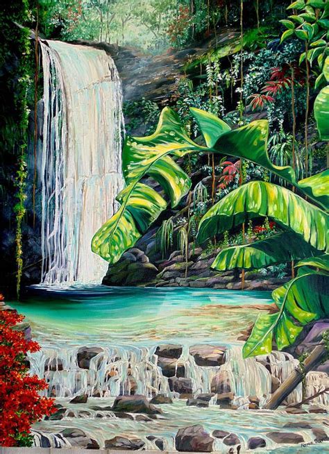 Waterfall Paintings Caribbean Art Jungle Art