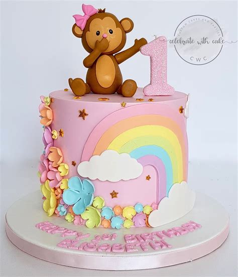 Celebrate With Cake Monkey Flowers And Rainbow First Birthday Cake