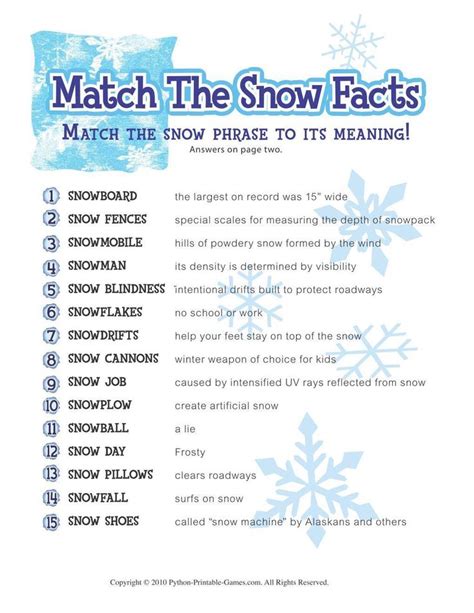 This free printable christmas trivia game is perfect for both adults and kids. Free Printable Winter Game Match the Snow Facts Download ...