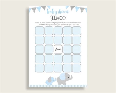 Blue Grey Baby Shower Bingo Blank Game Printable Elephant Etsy Ireland
