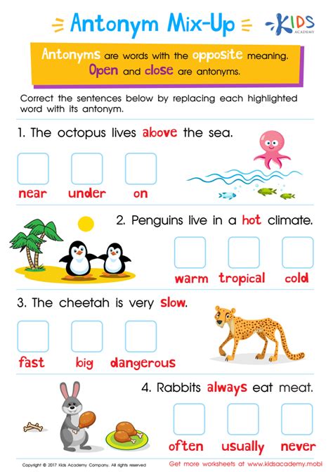 Vocabulary Antonyms Worksheet Downloadable Pdf For Children Answers