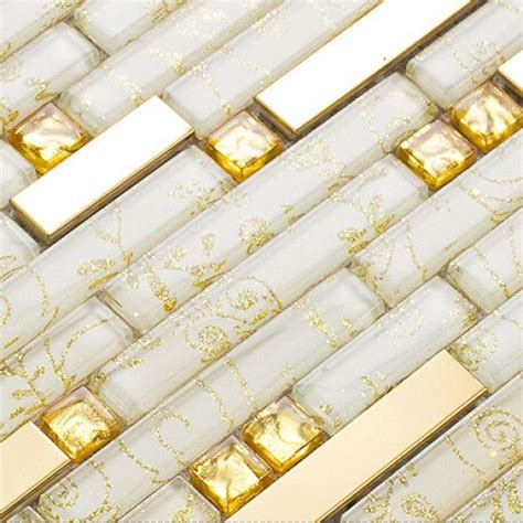 Gold Stainless Steel Tiles And Crystal Backsplash White Glass Mosaic