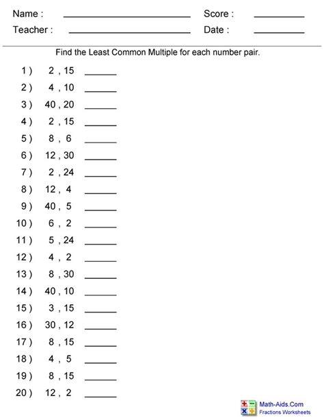 Least Common Multiple Worksheet 6th Grade