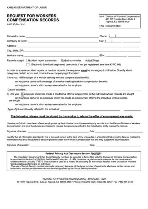 Fillable Form K Wc 97 Request For Workers Compensation Records