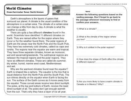 Ask questions and investigate them 3. World Climates | 3rd Grade Reading Comprehension Worksheet