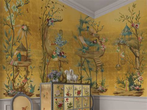 Nauzha Gold Metallic Chinoiserie Wallpaper Mural Vintage Etsy