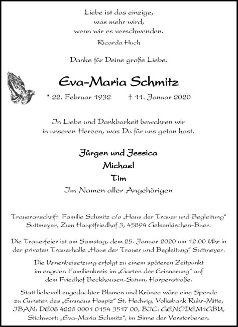 Traueranzeigen Von Eva Maria Schmitz Trauer In Nrwde