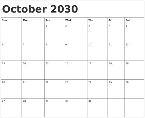 October 2030 Calendar Template