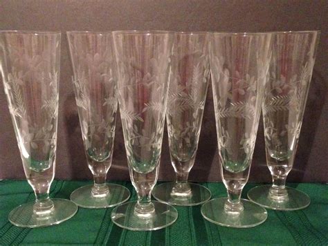 Vintage Set Of 6 Pilsner Etched Glasses Heavy Base Home Barware Designer Beer Glasses