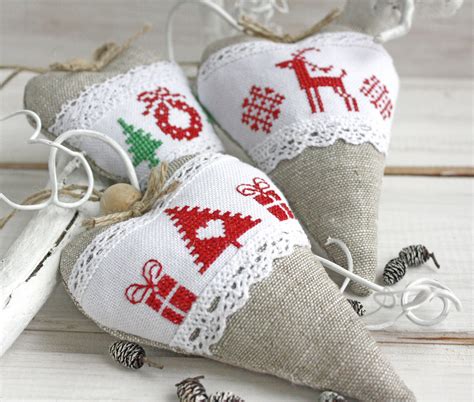 Set Of 3 Scandinavian Christmas Ornaments Handmade Fabric Hand Etsy