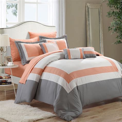 Duke Peach White And Grey 10 Piece Comforter Bed In A Bag Set Luxury