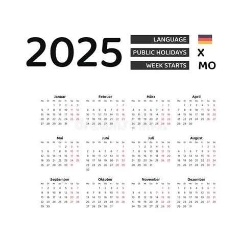 Germany Calendar 2025 Week Starts From Monday Vector Graphic Design