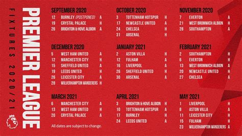 Manchester united fixtures 2019/20, united face an uphill task in their opening fixture as they take on chelsea at old trafford, they then take on wolves, crystal place and southampton to finish off their premier league fixtures for the month of august. Complete Manchester United 2020/21 Premier League Fixtures