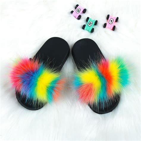 Kids Fur Slides Furry Home Slippers Fluffy Slides Indoor Summer Flat